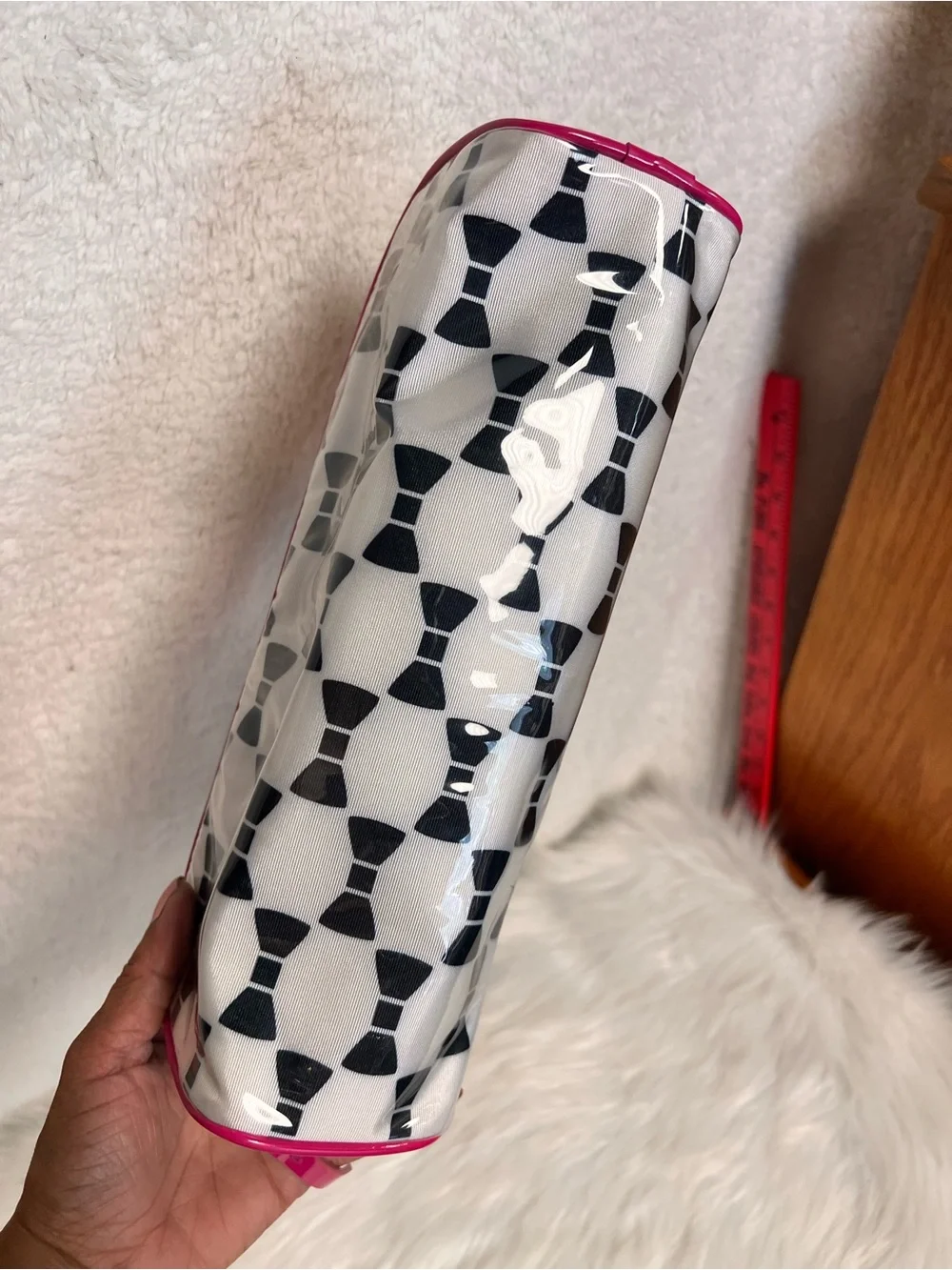 kate spade White and Black Pattern Cosmetic Pouch with Hot Pink Interior